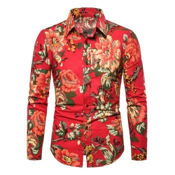 

Casual Peony Flower Print Button Up Shirt, Ruby red