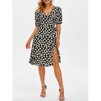 

Puff Sleeve Daisy Pattern Self Belted Wrap Dress, Black