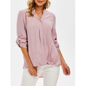 

Twist Front High Low Roll Sleeve Blouse, Light purple