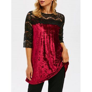 

Crushed Velvet Lace Yoke Tunic Top, Deep red