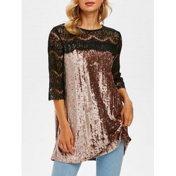 

Crushed Velvet Lace Yoke Tunic Top, Light coffee