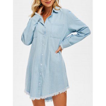 

Front Pocket Frayed Denim Shirt Dress, Light blue