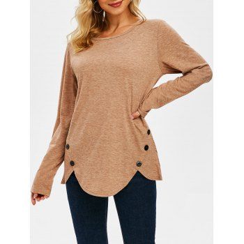 

Buttoned Hem Long Sleeve T-shirt, Light coffee