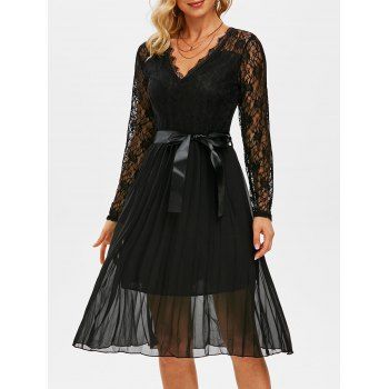 

Lace Bodice Chiffon Belted Pleated Dress, Black