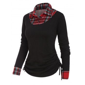 

Plaid Insert Button Placket Shirt Collar T-shirt, Black