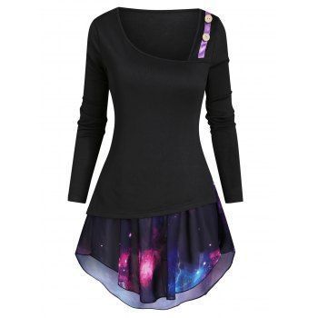 

Mock Button Asymmetrical Neck T-shirt with Galaxy Camisole, Black