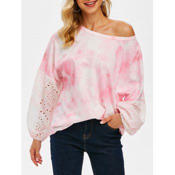 

Tie Dye Broderie Anglaise Sleeves Batwing Sleeve Top, Light pink