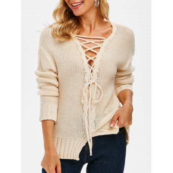 

Drop Shoulder Lace-up Slit Cable Knit Sweater, Light yellow