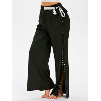 

Tie Rivets Side Slit Wide Leg Pants, Black