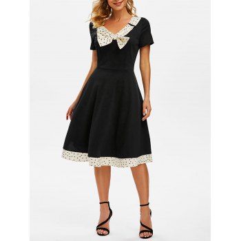 

Bowknot Polka Dot V Neck Vintage Dress, Black
