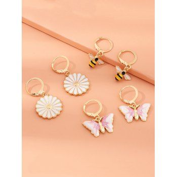 

3 Pairs Butterfly Daisy Bee Glazed Drop Earrings, Golden