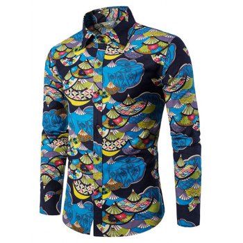 

Japanese Fan Pattern Turn-down Collar Casual Shirt, Multicolor