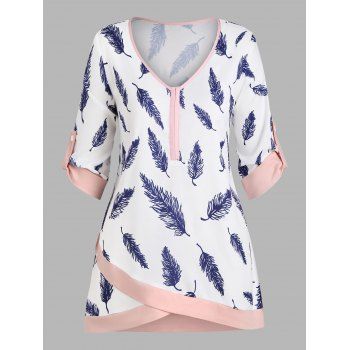 

Plus Size Roll Up Sleeve Feather Print Top, White