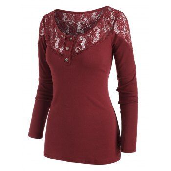 

Lace Yoke Long Sleeve Henley T-shirt, Deep red