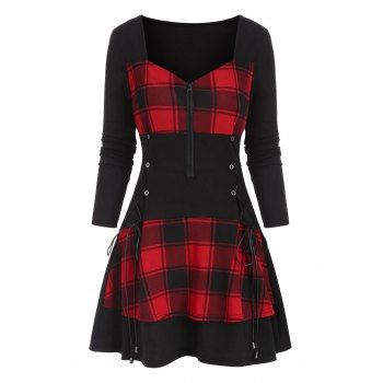 

Plaid Lace Up Zip Front Mini Dress, Red