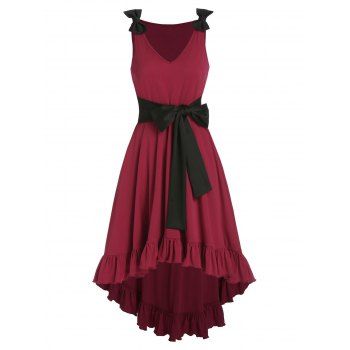 

Ruffles Bowknot Bicolor High Low Dress, Red wine