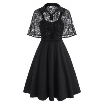 

Spider Web Lace Sequined Cape Dress, Black
