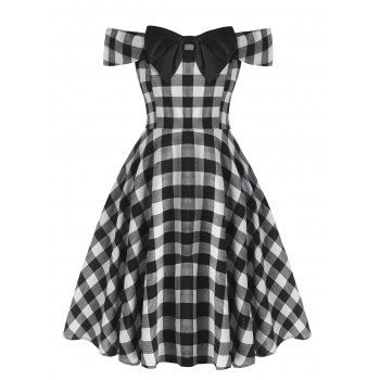 

Plus Size Off The Shoulder Checked Bowknot Dress, Black