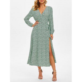 

Floral Print Belted Surplice Dress, Medium sea green