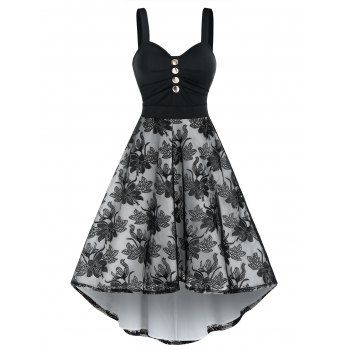 

Mock Button Cami Dip Hem Lace Dress, Black