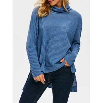 

Turtleneck Drop Shoulder High Low Slit Knitwear, Blue