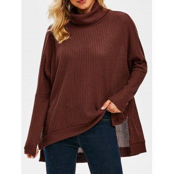 

Turtleneck Drop Shoulder High Low Slit Knitwear, Deep red