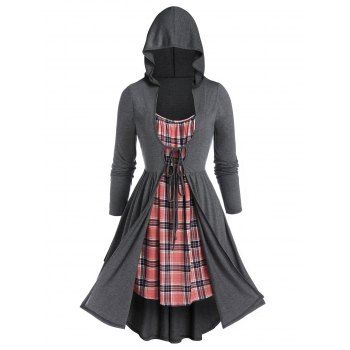 Image of Plus Size Plaid Hooded Twofer Long Sleeve Dress