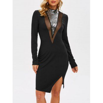 

Sequined Mesh Panel Asymmetric Sheath Dress, Black