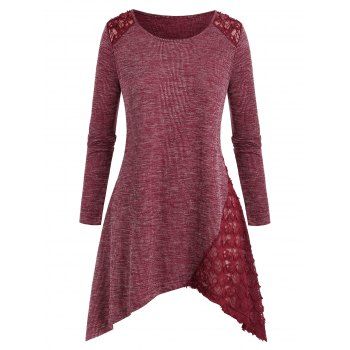 

Plus Size Lace Insert Asymmetric Heathered Knitwear, Red wine
