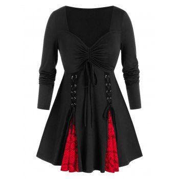 

Plus Size Lace-up Cinched Tie Long Sleeve Tunic Tee, Black