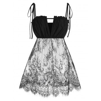 

Plus Size Lace Sheer Tie Shoulder Ruched Babydoll Set, Black