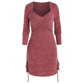 

Plus Size Crossover Cinched Ruched Long Sleeve Dress, Cherry red