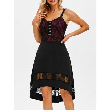 

Corset Style High Low Gothic Midi Dress Flower Lace Panel Hook and Eye Cami Party Dress, Black