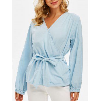 

Belted Plain Surplice Blouse, Light blue