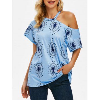 

Geometric Printed Cold Shoulder Short Sleeve Tee, Light blue