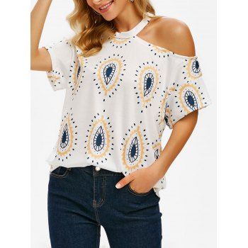 

Geometric Printed Cold Shoulder Short Sleeve Tee, White