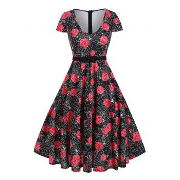 

Spider Web Rose Print Belted Dress, Red