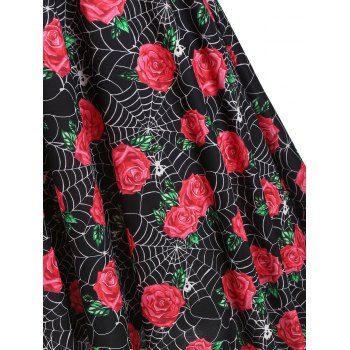 Spider Web Rose Print Belted Dress