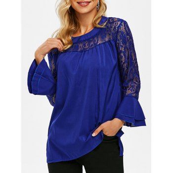 

Layered Flare Sleeve Lace Panel Blouse, Blue
