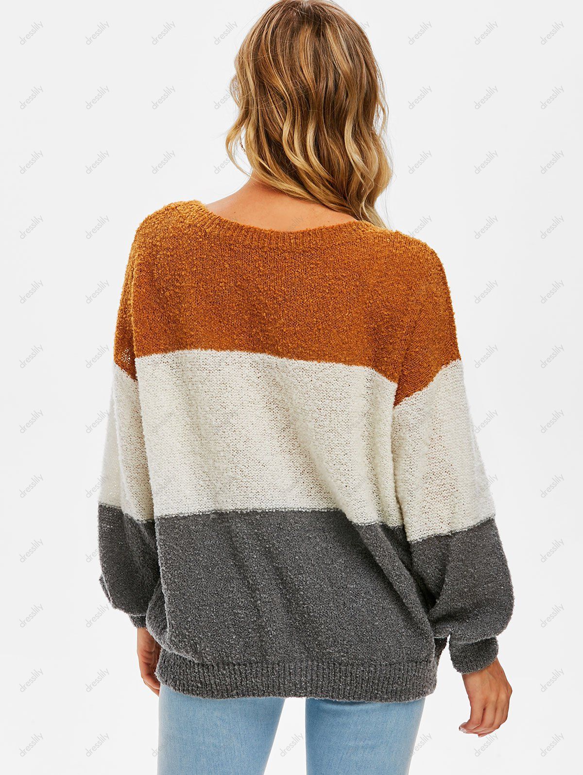 drop shoulder colorblock distressed hem sweater