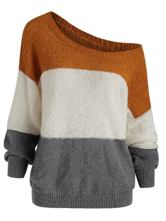 Drop Shoulder Colorblock Loose Sweater - multicolor S