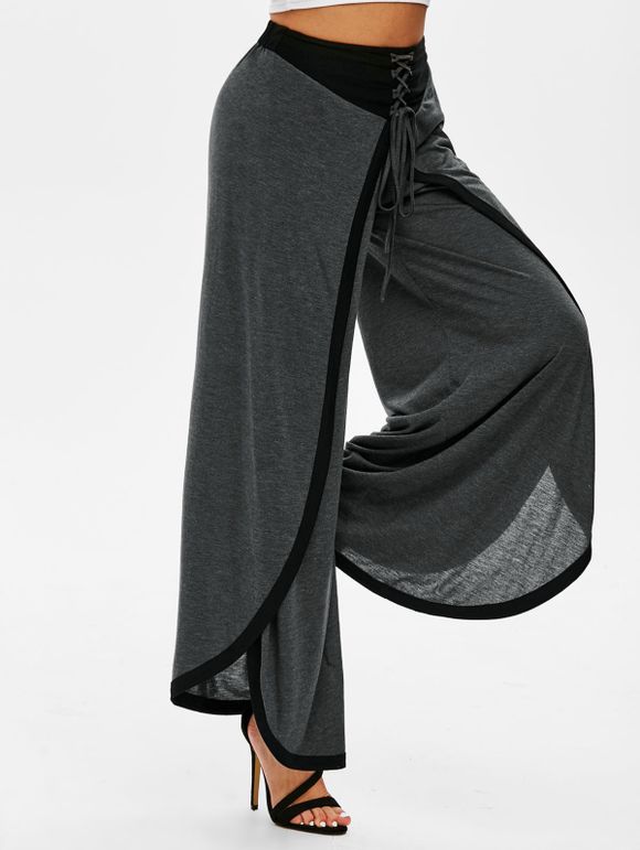 Pantalon Superposé Contrasté à Jambe Large à Lacets en Avant - Cendre gris M