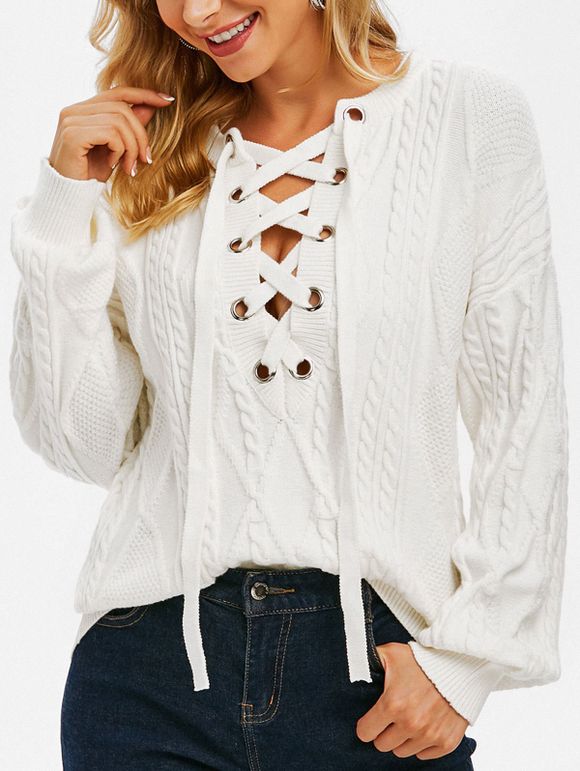 Cable Knit Lace Up Drop Shoulder Sweater - WHITE L