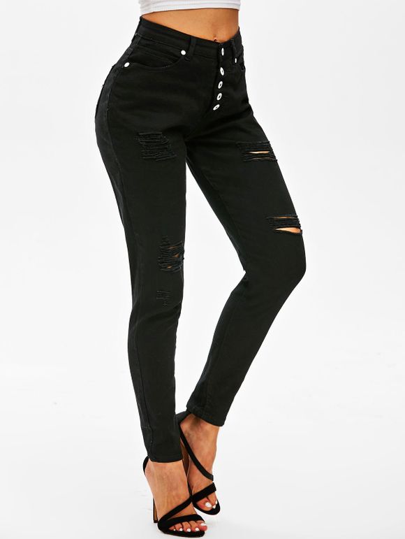 Distressed Button Fly High Waisted Jeans - BLACK M