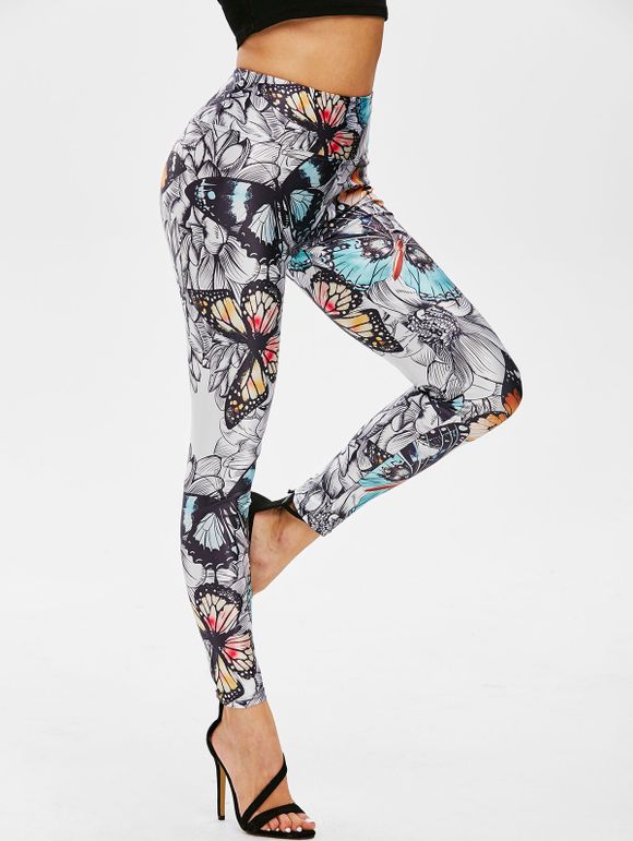Legging de Yoga Papillon Fleuri à Taille Large - multicolor L