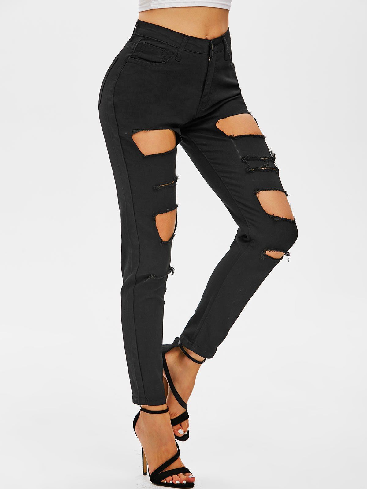 Ripped Skinny Zipper Fly Jeans - BLACK XL