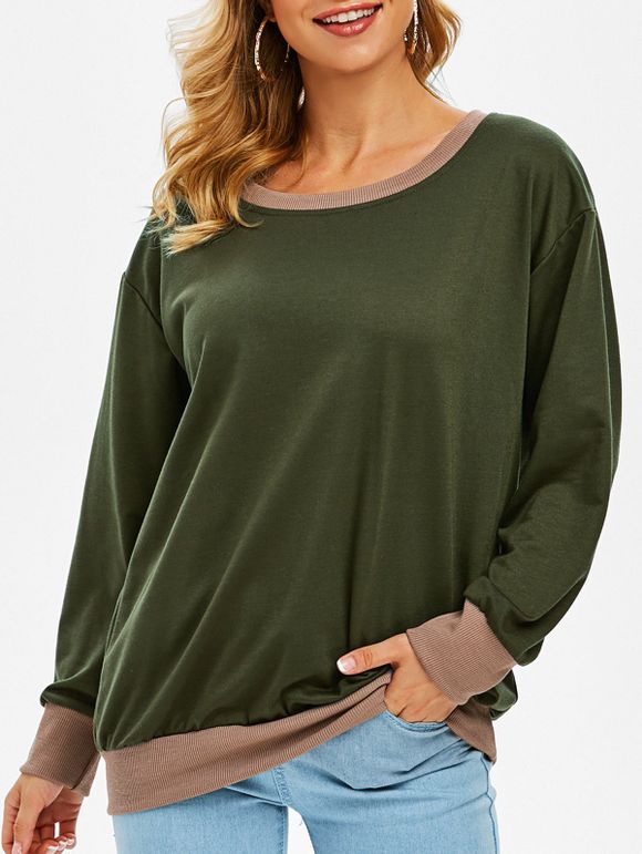 Sweat-shirt Lâche Bicolore à Ourlet Côtelé - Vert profond XL