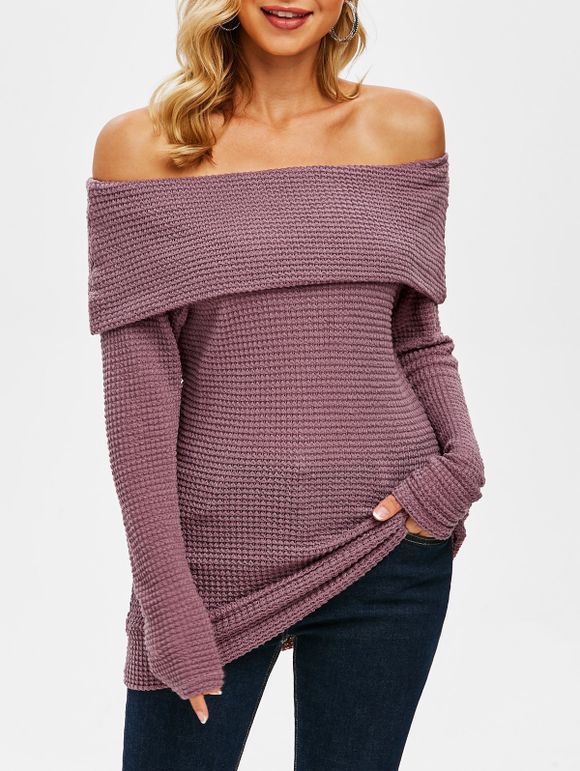Off Shoulder Foldover Raglan Sleeve Knit Sweater - DEEP RED S