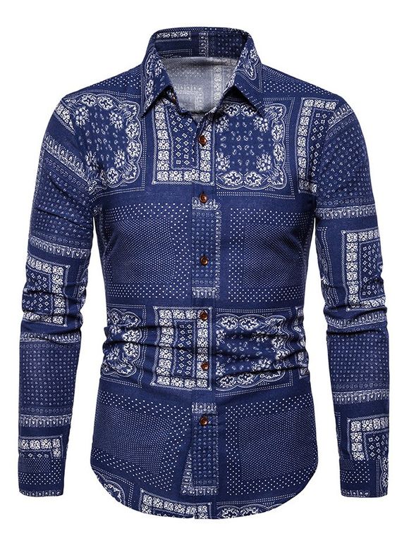 Chemise Vintage Boutonnée Motif à Pois en Blocs de Couleurs - Bleu Marine XL