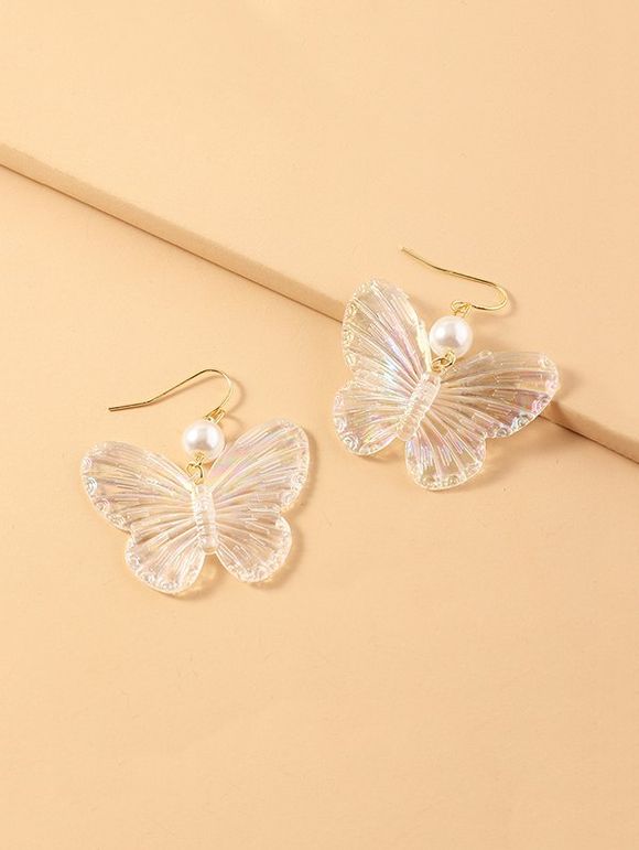 Boucles d'Oreilles Pendantes Motif de Papillon en Fausse Perle - Blanc 